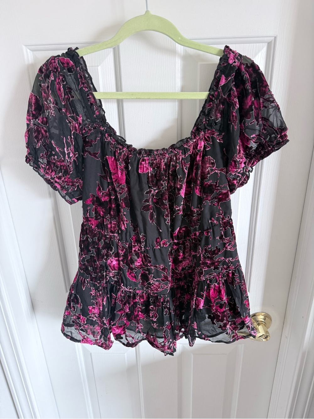 Velvet Burnout Sheer Black and Pink Floral Puff-Sleeve Women's Top Torrid Tiered